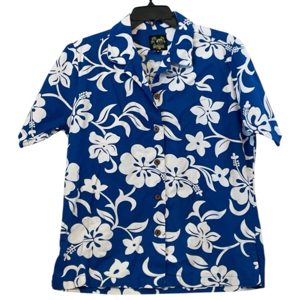 Benny's‎ M Hawaiian Shirt Blue & White Men's Casual